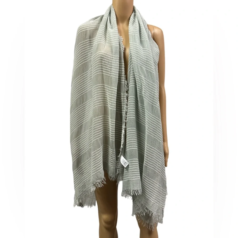 Light Green White Striped Blanket Scarf Wrap Sarong Coverup Raw Hem 32 x 80 Inch